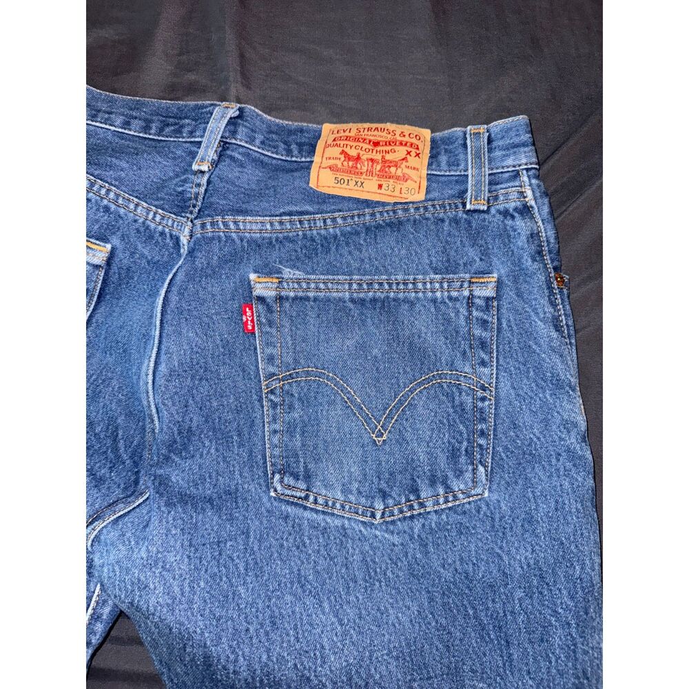 Vintage Levi's 501xx Mens W33 100% Cotton Dark Wash Button Fly Jeans (Hemmed) - Picture 7 of 11